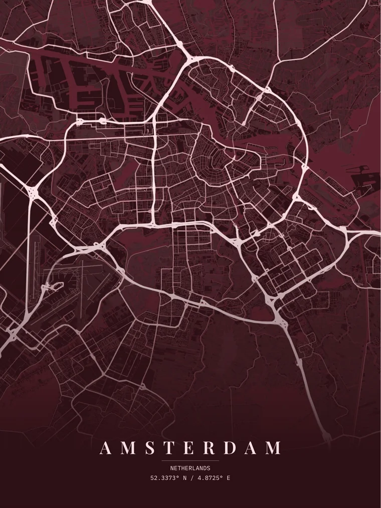 Amsterdam map poster in the Oxblood Velvet palette, Standard layout