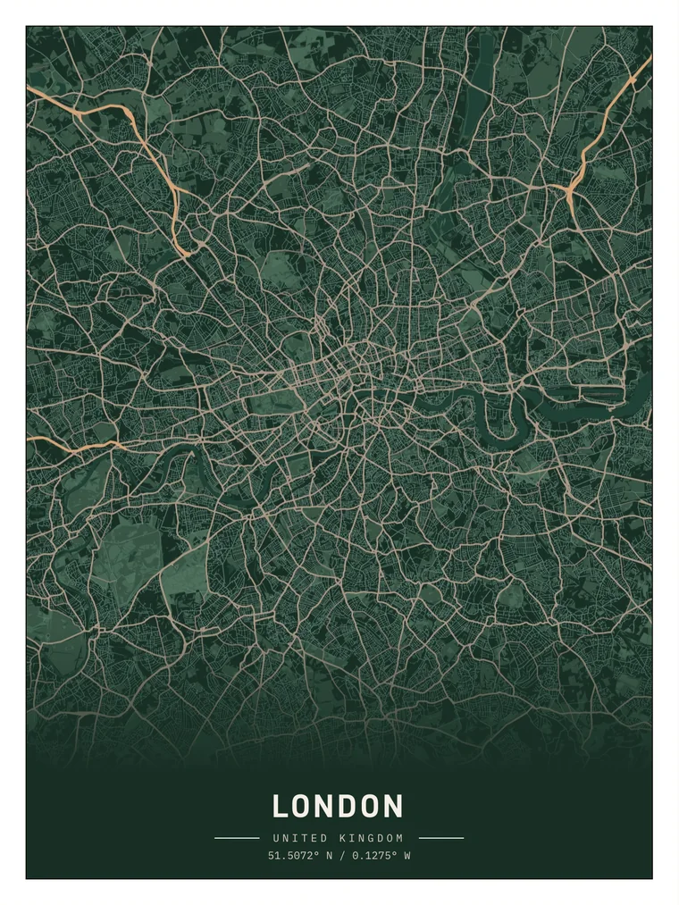 London map poster in the Forest Night palette, Framed layout