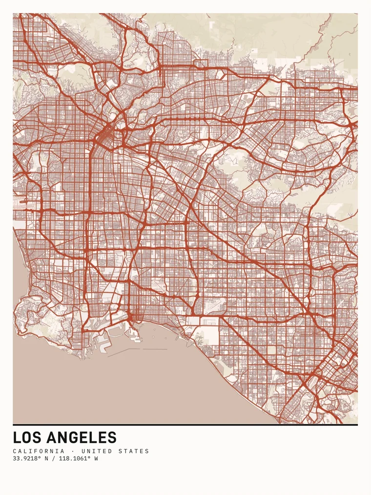 Los Angeles map poster in the Persimmon Cream palette, Caption layout