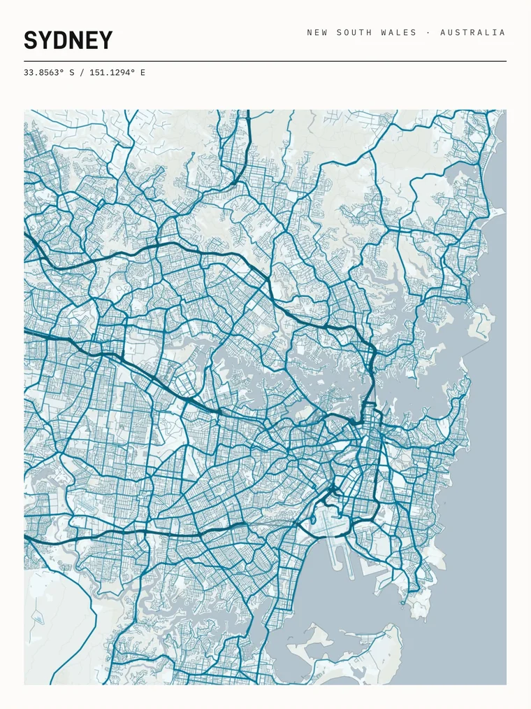 Sydney map poster in the Sea Glass palette, Header layout