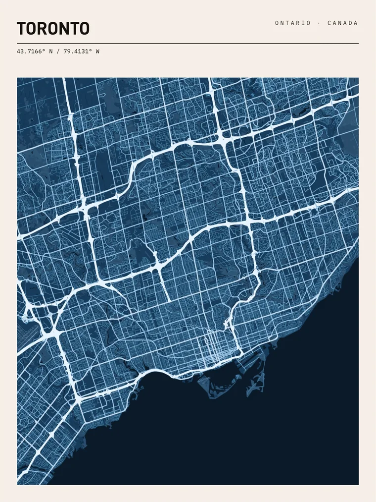 Toronto map poster in the Cobalt Chalk palette, Header layout