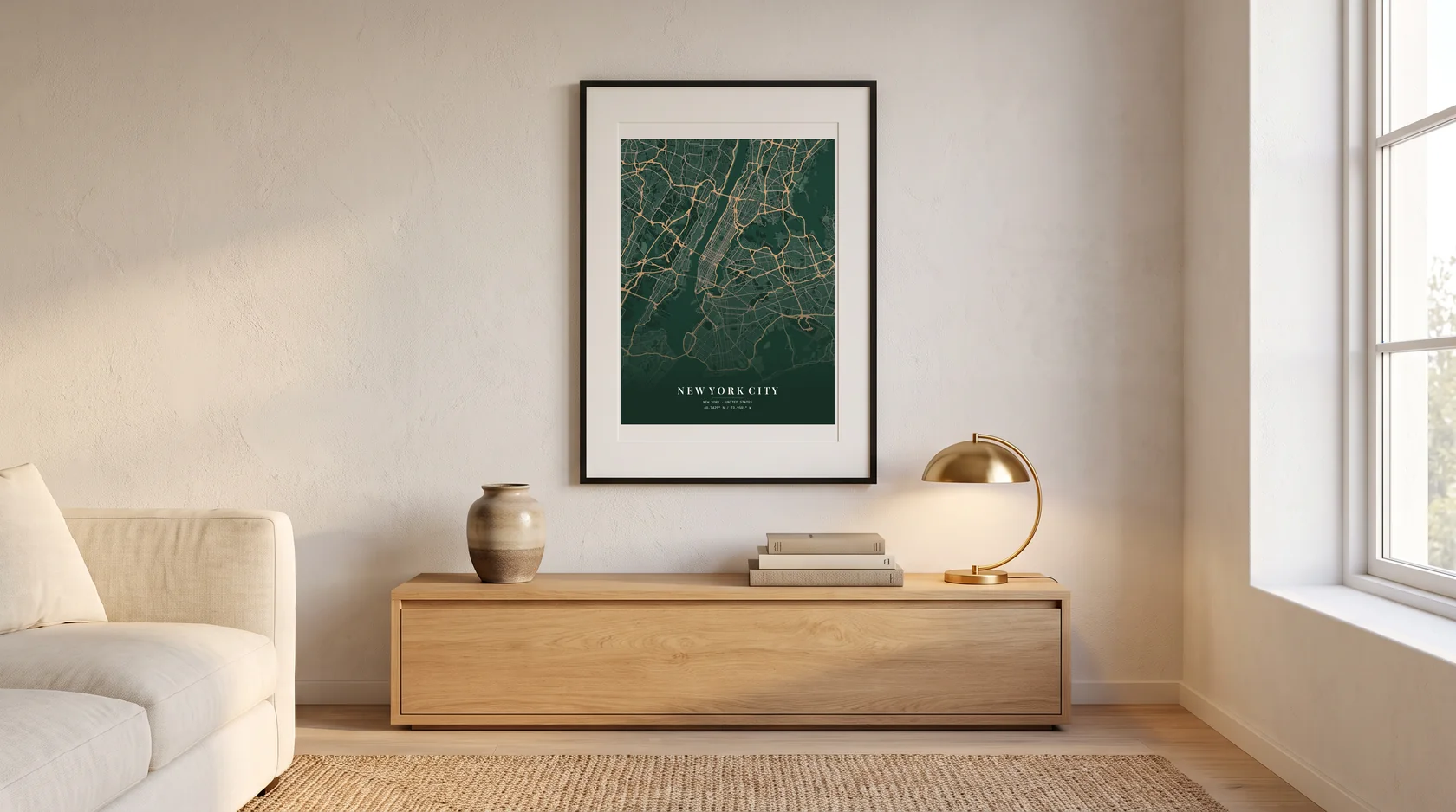 A New York City poster in Forest Night, framed above an oak sideboard